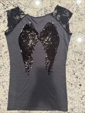 Women's Gray Lace Sleeve Top with Black Sequin Wing Design